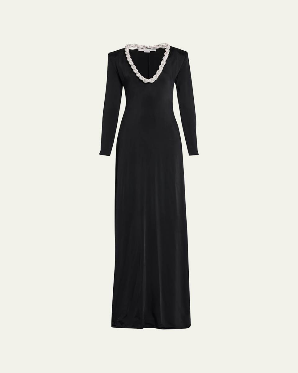 Crystal Braided Scoop-Neck Long-Sleeve Gown